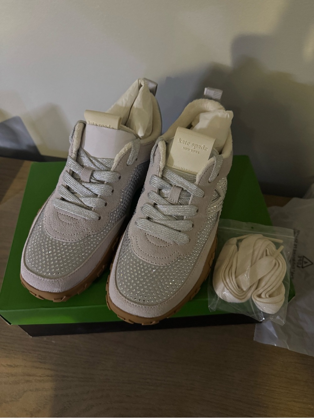 kate spade Cream Crystal-Embellished Lace-Up Sneakers